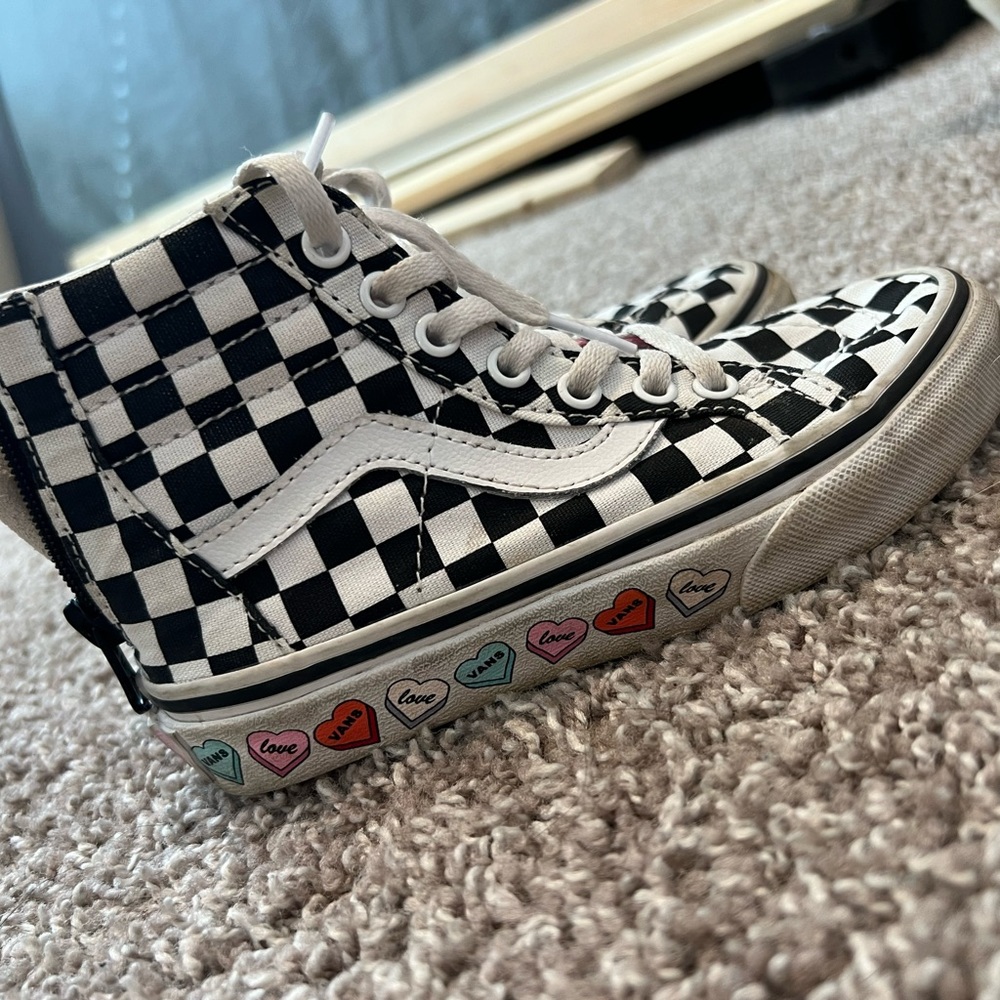 Like new girls checkered Vans with hearts size 12